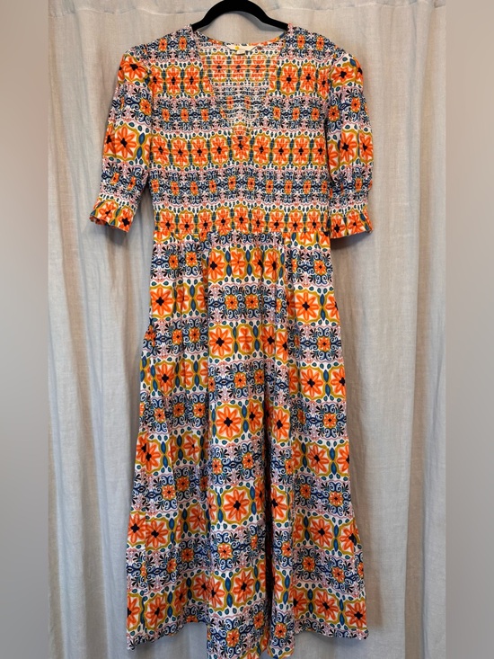 Boden Dresses & Skirts - Boden Smocked Mosaic Floral Cotton Midi Dress Orange Blue Multicolor
